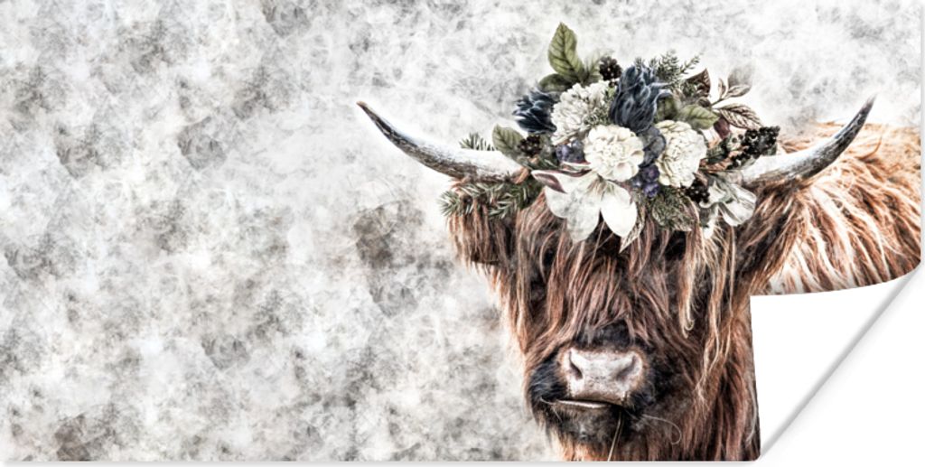 MuchoWow Poster Schottischer Highlander - Rosen - Rauch 120x60 cm - Bild