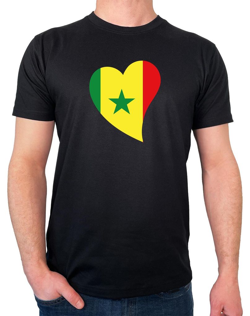 Huuraa Herren T-Shirt Senegal Flagge Herz 3XL Black Bio Baumwolle Fairtrade Herrenshirt Geschenkidee