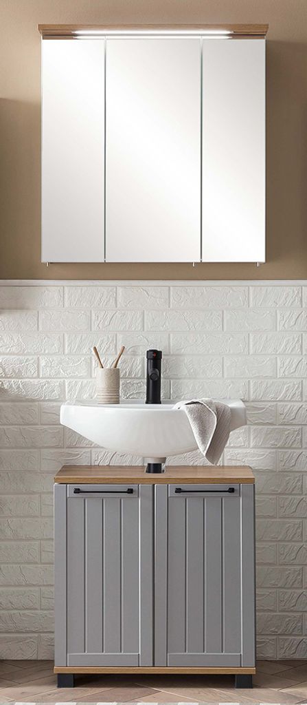 Badezimmer Waschplatz Set, Waschbeckenunterschrank mit Spiegelschrank, grau mit Eiche Nb. JAUSA-80, Landhaus-Design