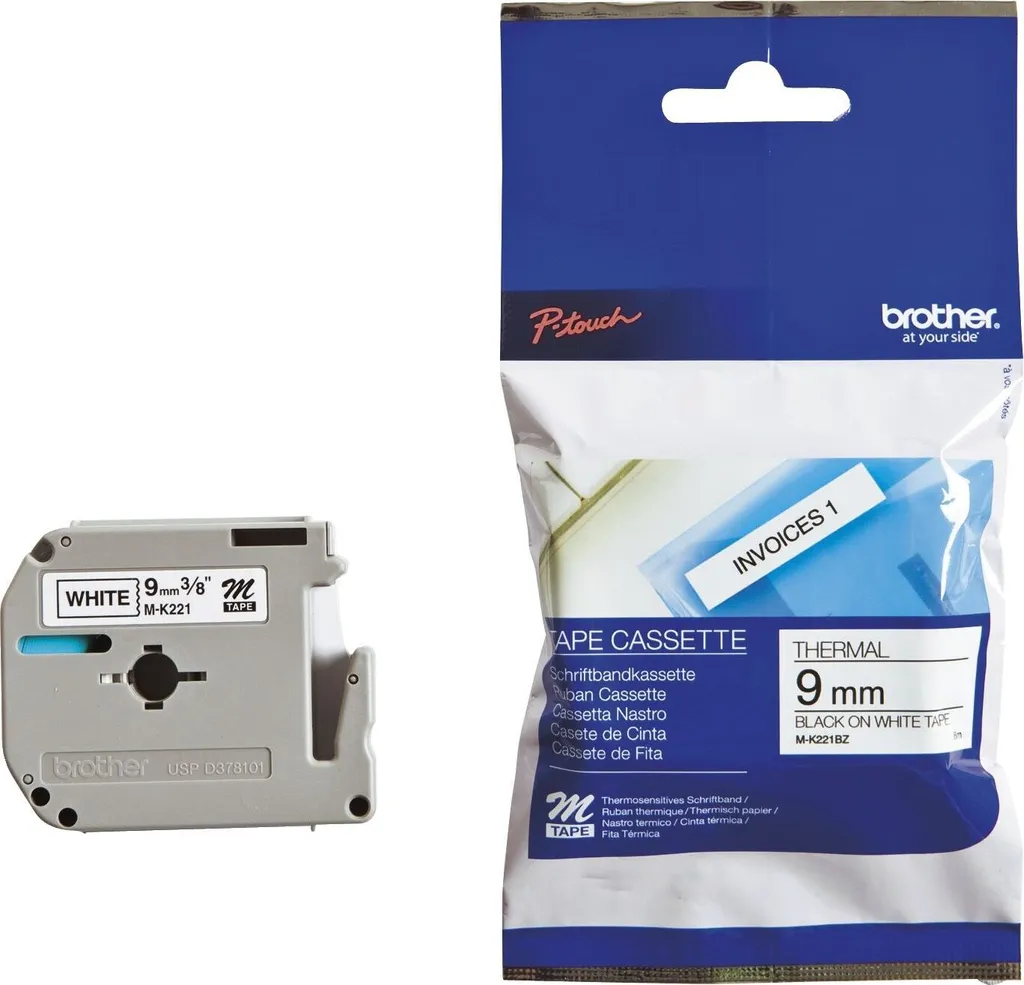 Brother MK221BZ Nastro M-K221 9mm x 8m Nero su Bianco Originale