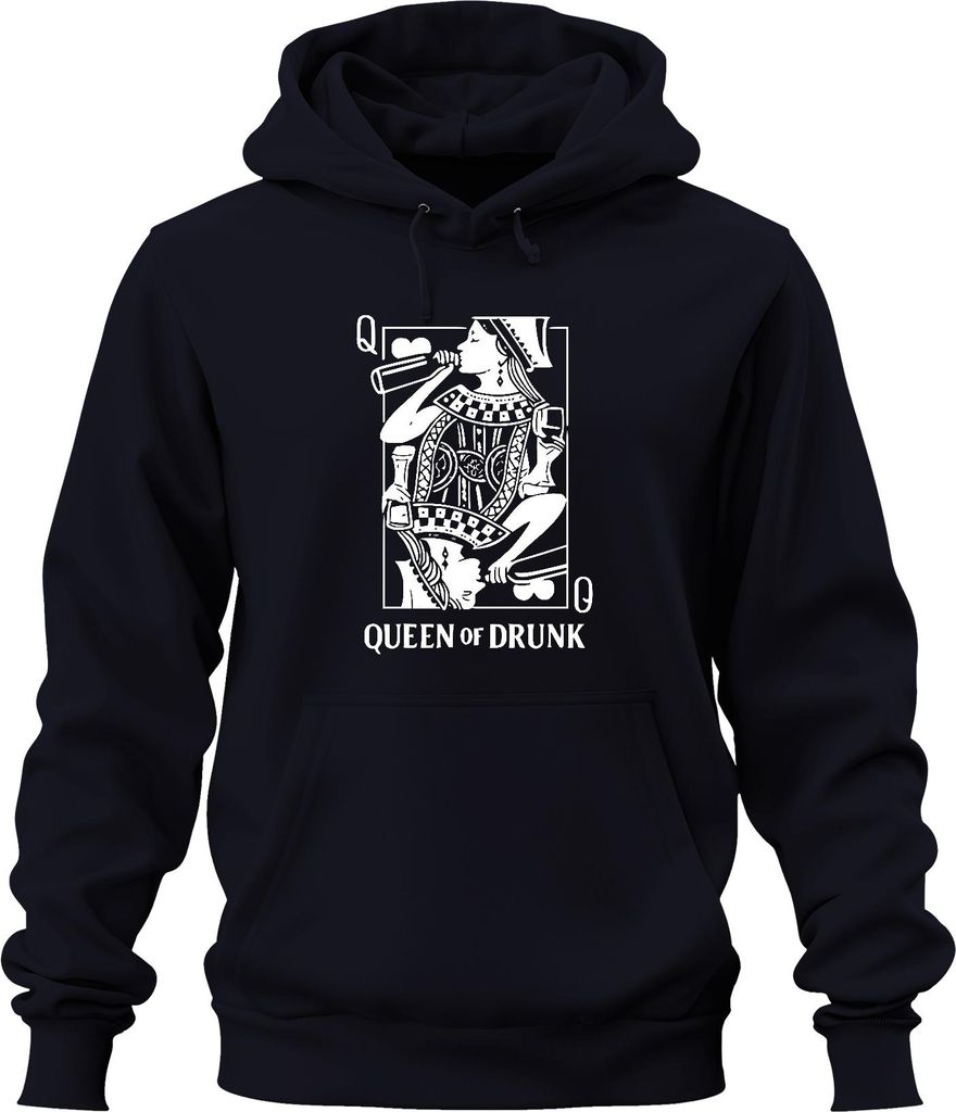 Queen of Drunk Saufkönigin Weinliebhaberin Spielkarte Cocktail Uni Hoodie Kapuzenpullover, Navy, S
