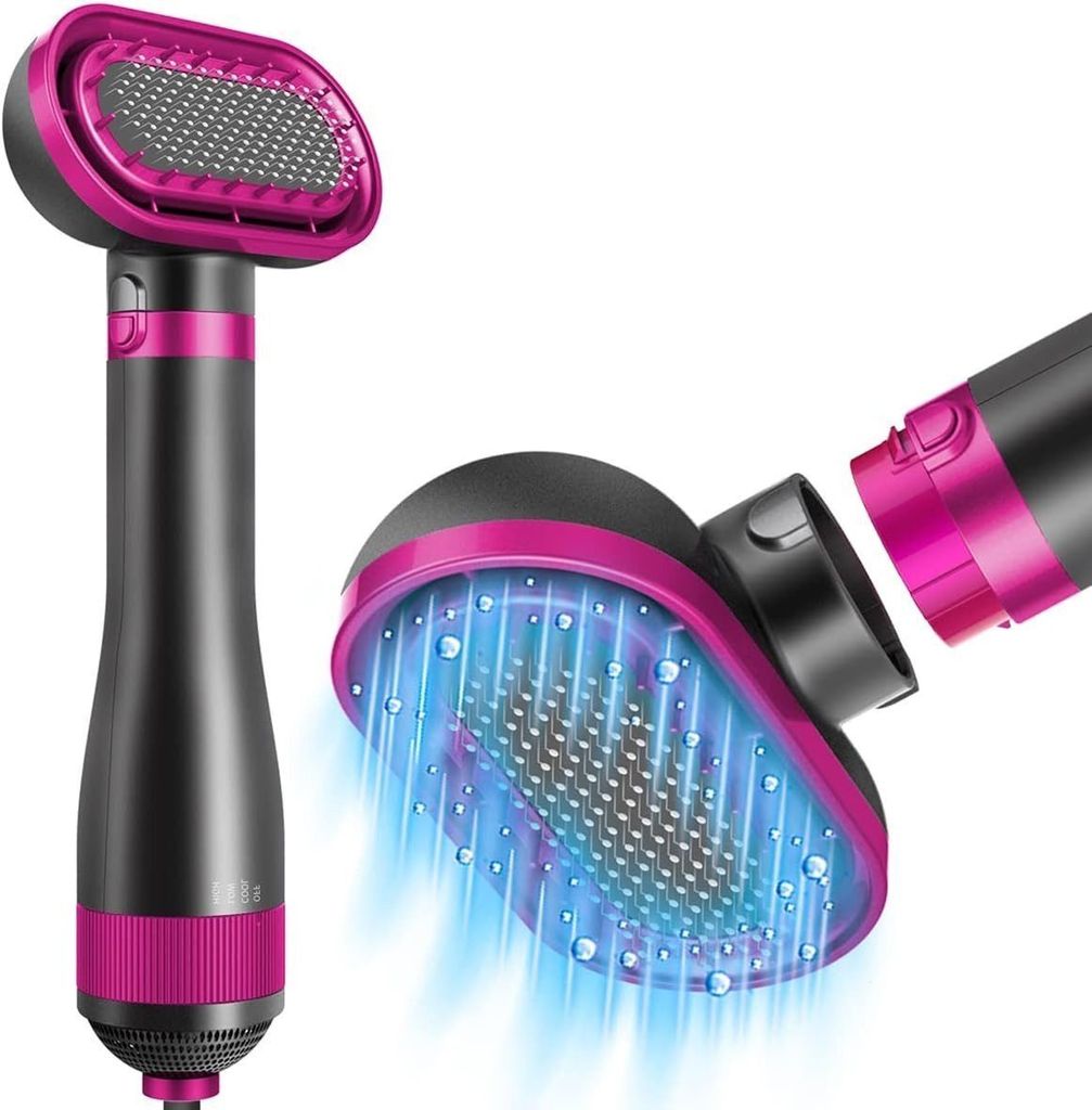 A pet grooming tool with a brush head and a handle, shown from two angles. One angle shows the brush head with blue light and water droplets, suggesting a drying or cleaning function. The other angle shows the handle and the brush head detached.