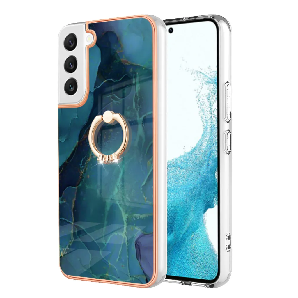Custodia per Samsung Galaxy S22 5G, custodia protettiva in silicone TPU a fantasia con supporto ad anello verde - 2