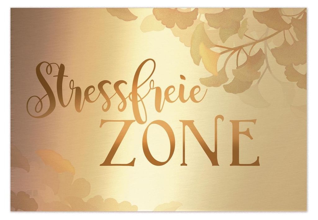 Schild Stressfreie Zone 31 x 21 cm gold mit Ginkgo - Wandbild Türschild Deko Sauna Spa