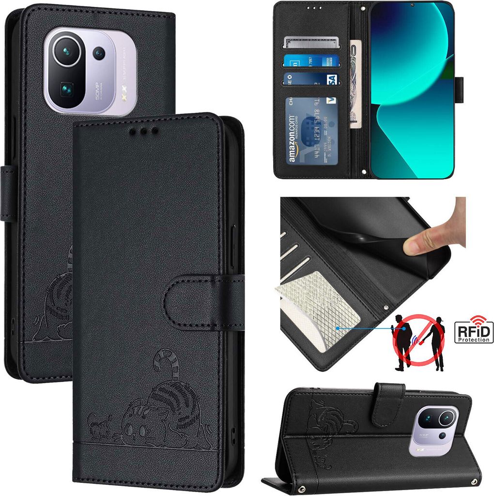 Leder Hülle für Xiaomi Mi 11 Pro Süße Katze Flip Case Brieftasche Schutzhülle mit Standfunktion Schwarz