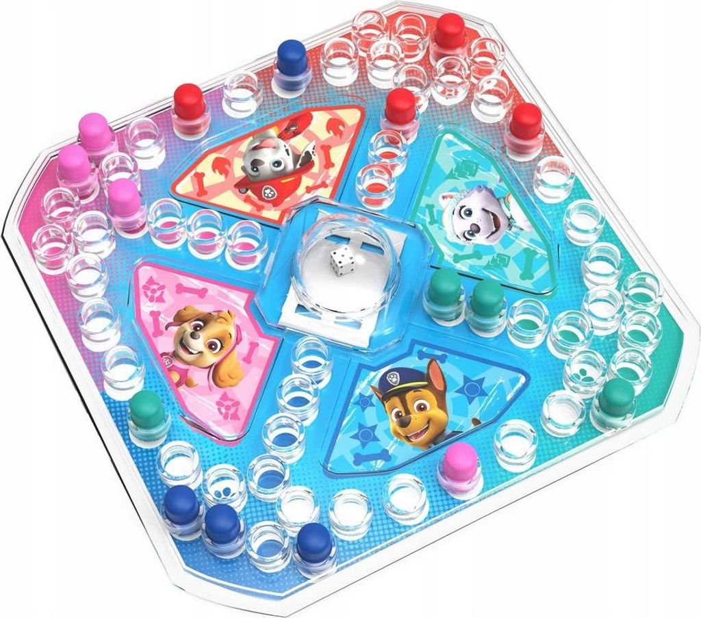 A Paw Patrol board game with colorful pawns and character images.