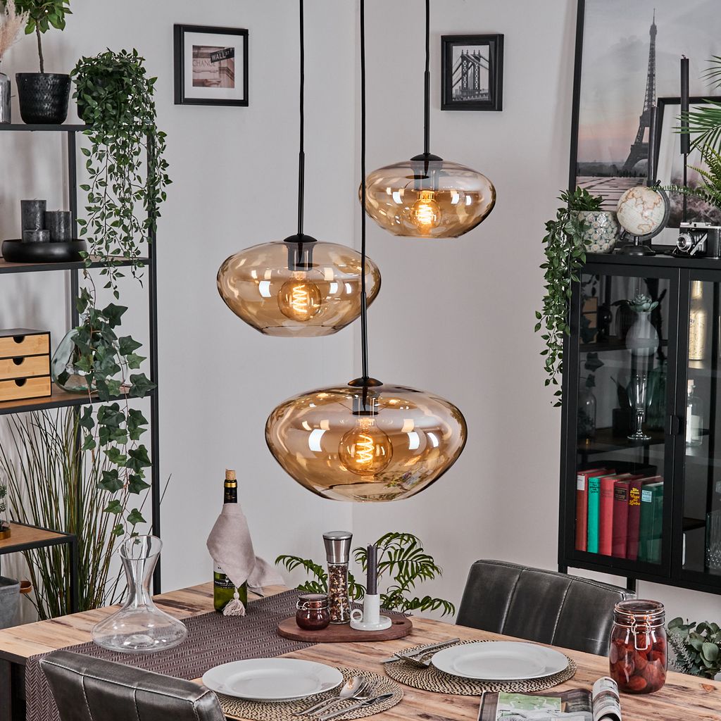 Galatina Hängelampe aus Metall/Glas in Schwarz/Bernsteinfarben/Klar
