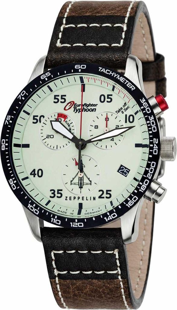 A close-up, studio shot of a men's chronograph watch with a white dial, black and brown leather strap, and silver-tone case.