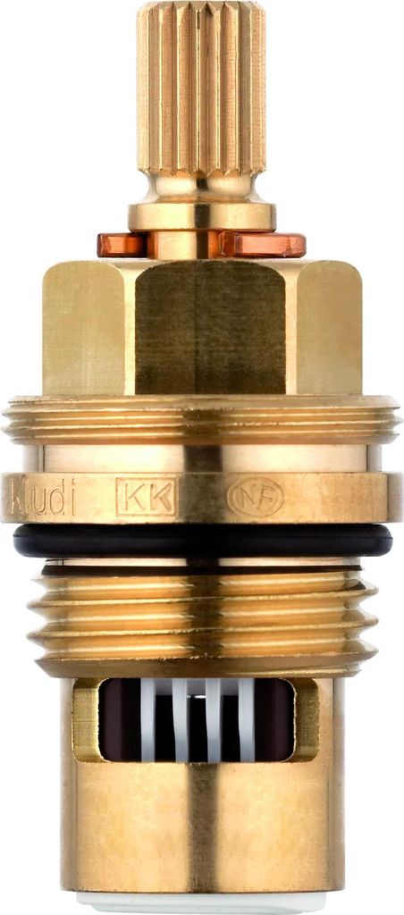 A close-up studio shot of a brass valve cartridge.
