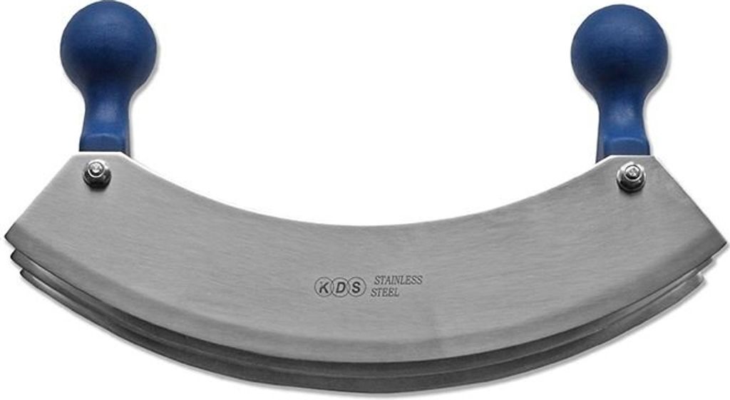 A stainless steel mezzaluna chopper with blue handles against a white background.