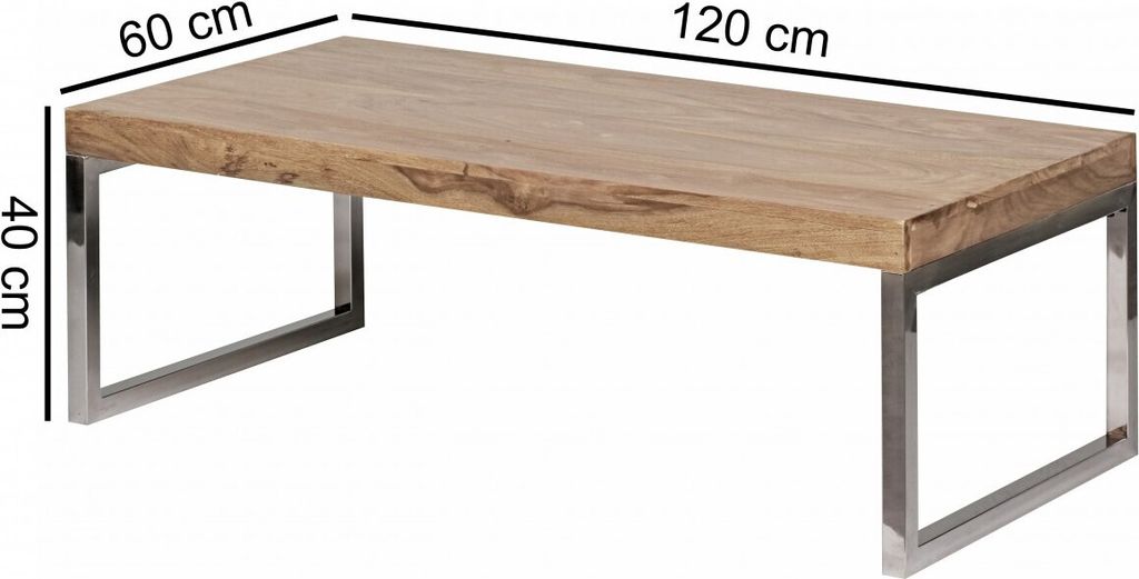 A rectangular wooden coffee table with metal legs, shown from a side angle with dimensions indicated by text overlays.