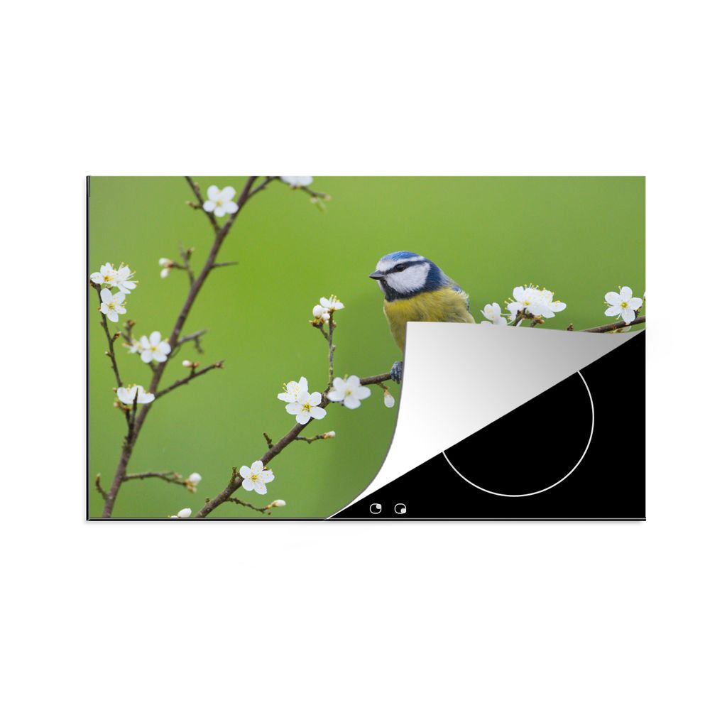 KitchenYeah Herdabdeckplatte Blaumeise - Zweig - Blumen - Blühende Zweige - Vogel , 77x51cm, Küche Deko, Glaskeramikkochfeld Herdabdeckung, Abd...