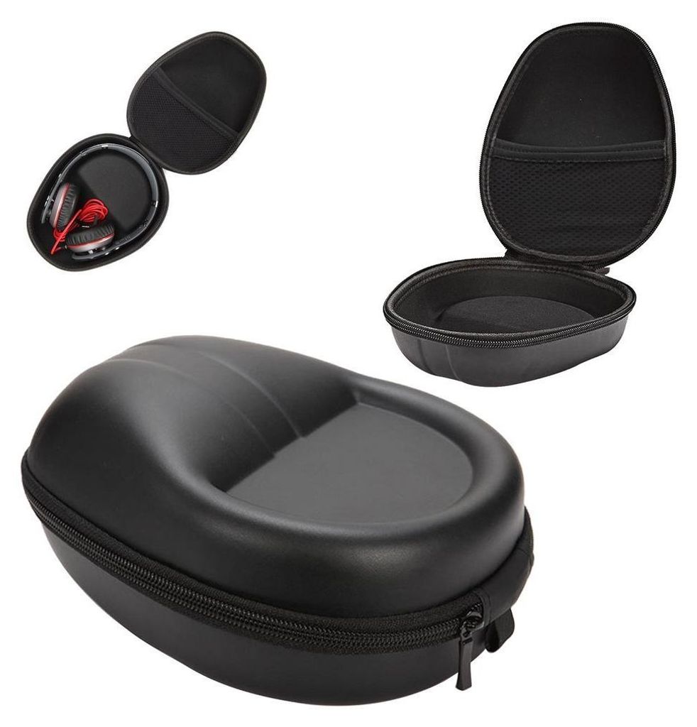 Three views of a black headphone case, one open with headphones inside, one open and empty, and one closed.