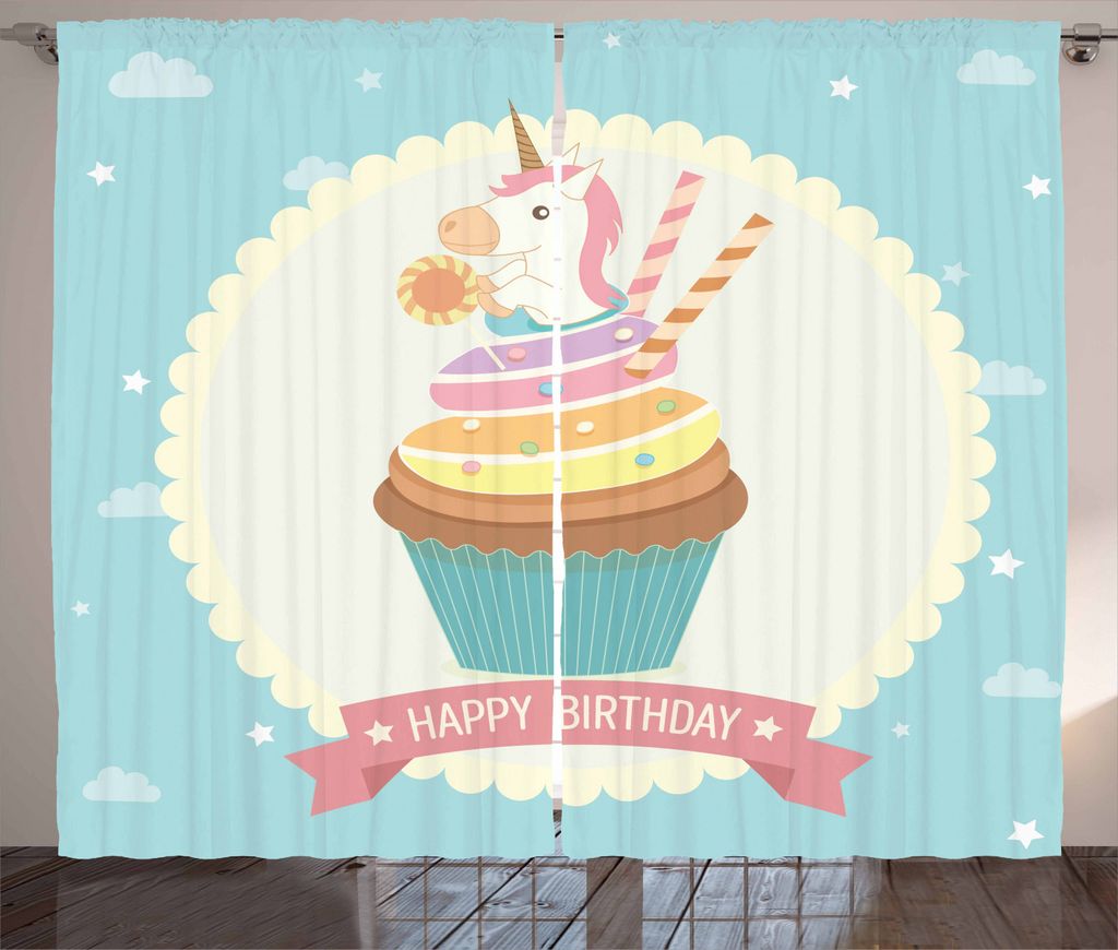 ABAKUHAUS Unicorn-Party Rustikaler Vorhang, Märchen Cupcake, Wohnzimmer Universalband Gardinen mit Schlaufen und Haken, 280 x 225 cm, Mehrfarbig