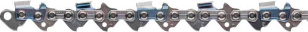 A close-up, straight-on view of a chainsaw chain against a white background.