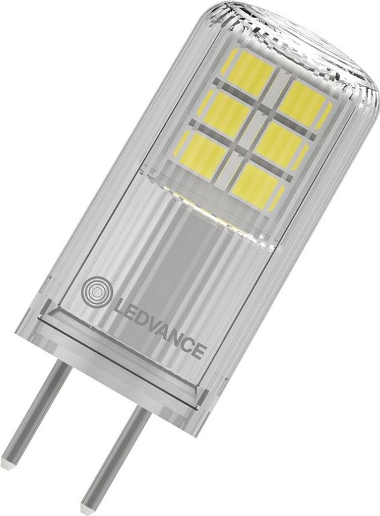 A close-up studio shot of a LED light bulb with two pins.