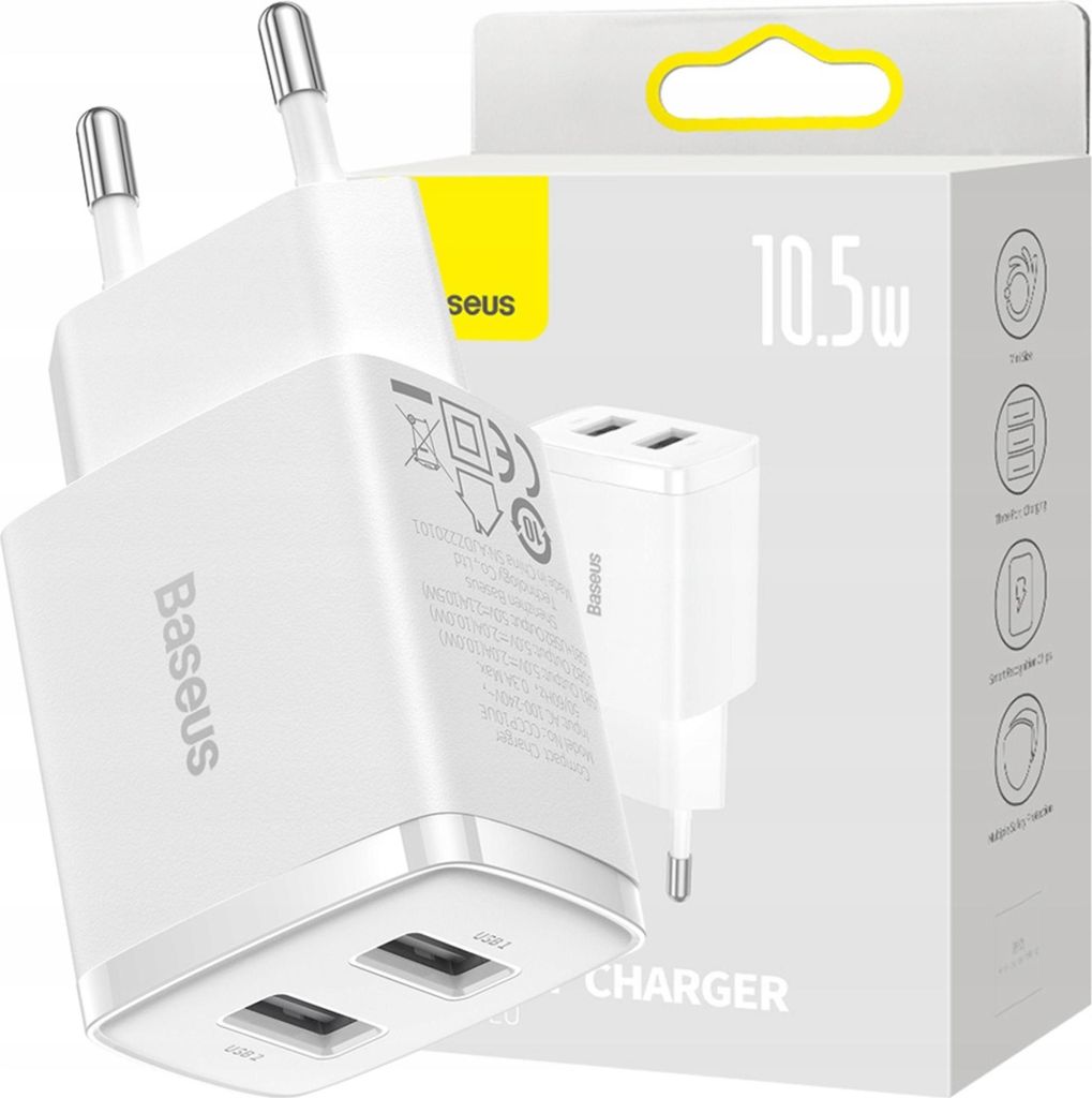 Caricabatterie rapido compatto Baseus, 2X Usb, 10,5W Immagine del prodotto 