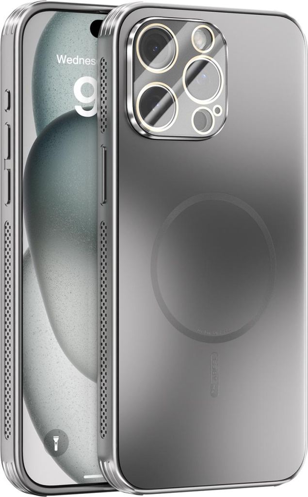 Matte PC TPU Hülle für iPhone 15 Pro Max Magnetische Handyhülle mit Linsenabdeckung und Wärmeableitung Stoßstange Grau