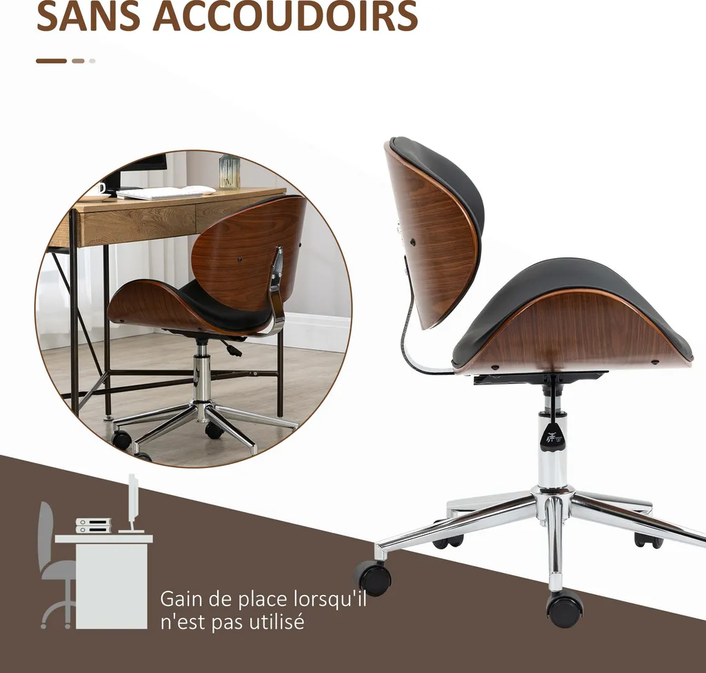 Fauteuil de bureau pivotant design bois et cuir synthétique noir