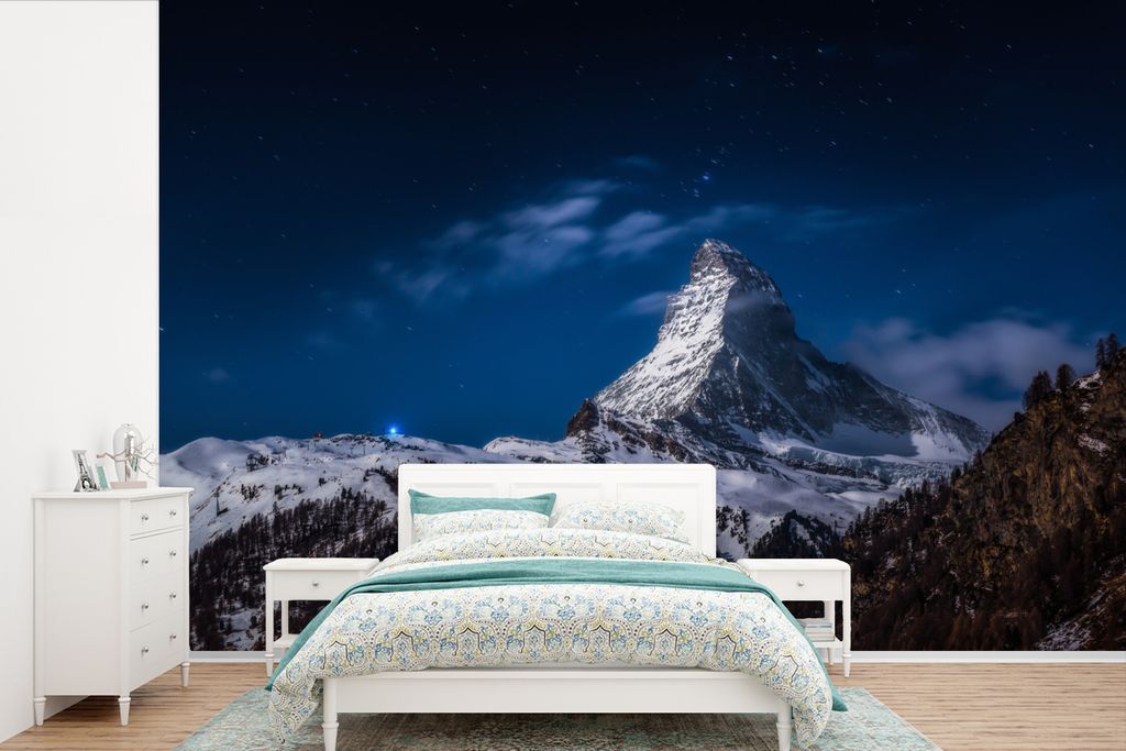 MuchoWow Fototapete für Wohnzimmer oder Schlafzimmer Wandtapete Vinyl Motivtapete Matterhorn am Abend in der Schweiz - 330x220 cm - Fototapeten