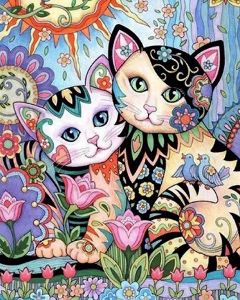 Broderie diamants chats multicolores 45x60 - Strass haute brillance HD