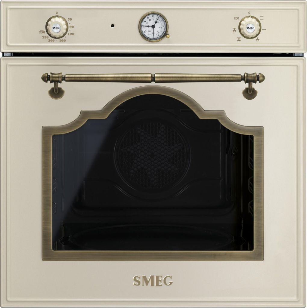 A front view of a cream-colored Smeg oven with brass accents.