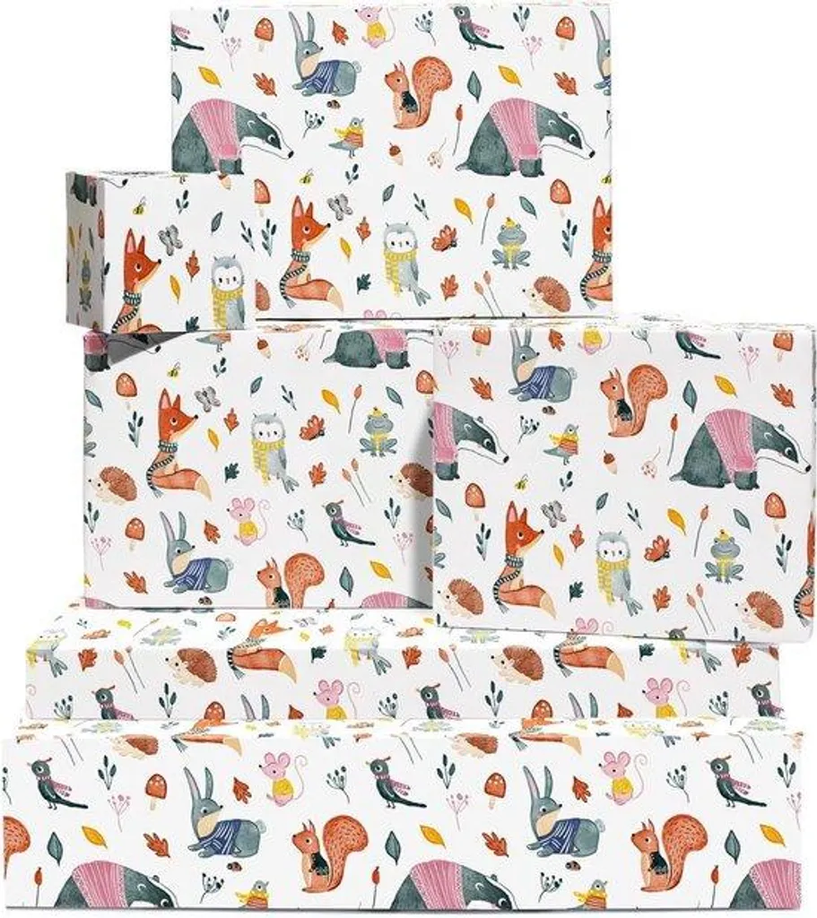 Papier cadeau recyclable animaux de la forêt lot de 6 feuilles premium