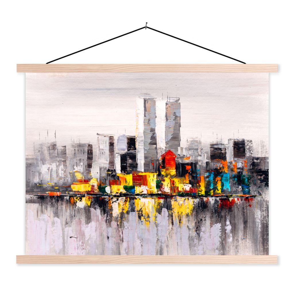 MuchoWow Textilposter Gemälde - Skyline - Farben - Ölfarbe 60x45 cm mit holzfarbenen Rahmen - Bild