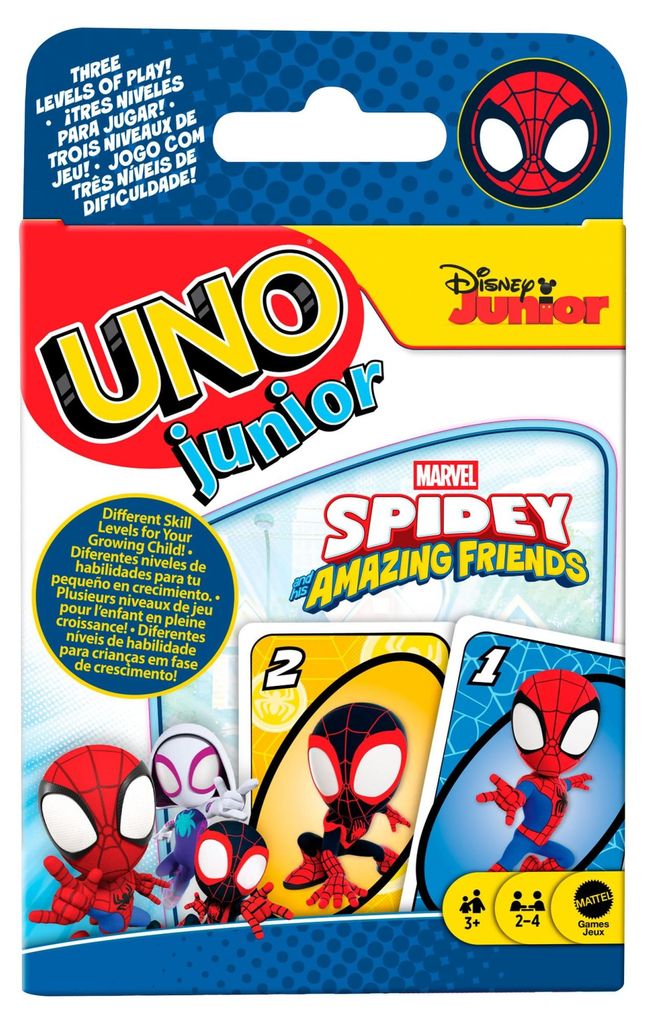 Games UNO Junior Marvel Spidey und seine Super-Freunde Kartenspiel für Kinder, Erwachsene und Spieleabende in der Familie, Kartenspiel, Abwurf, 3 ...