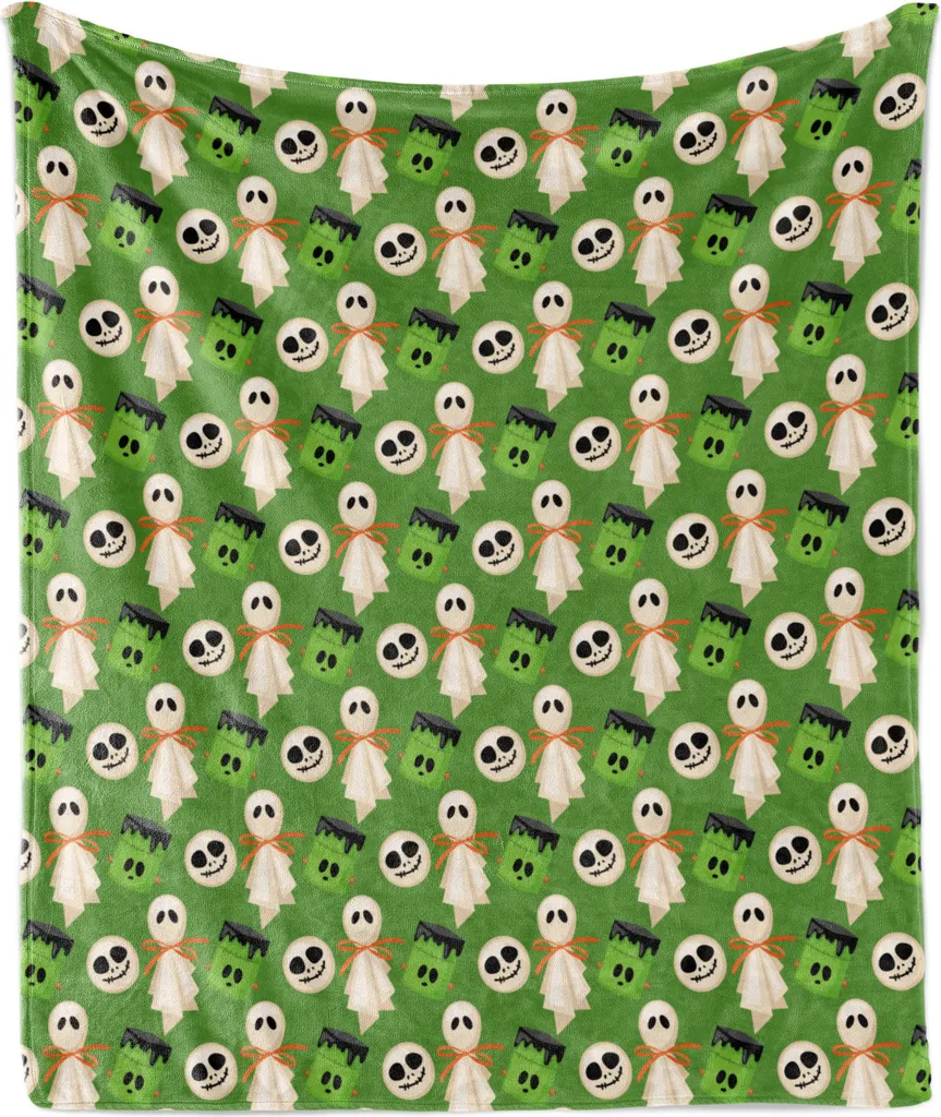 ABAKUHAUS Coperta morbida in flanella e pile per Halloween, motivo ripetitivo a tema horror con fantasmi e teste spaventose, 175 x 230 cm, arancione verde ecru