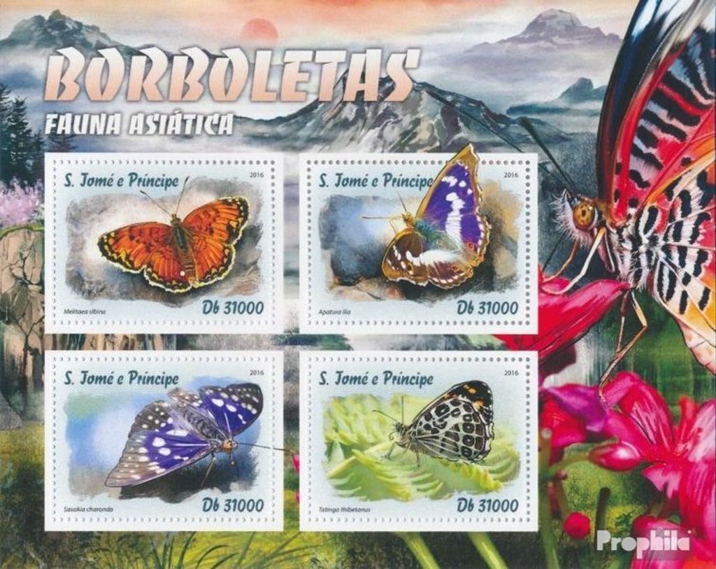 Briefmarken Sao Tome e Principe 2016 Mi 6751-6754 Kleinbogen (kompl. Ausgabe) postfrisch Schmetterlinge