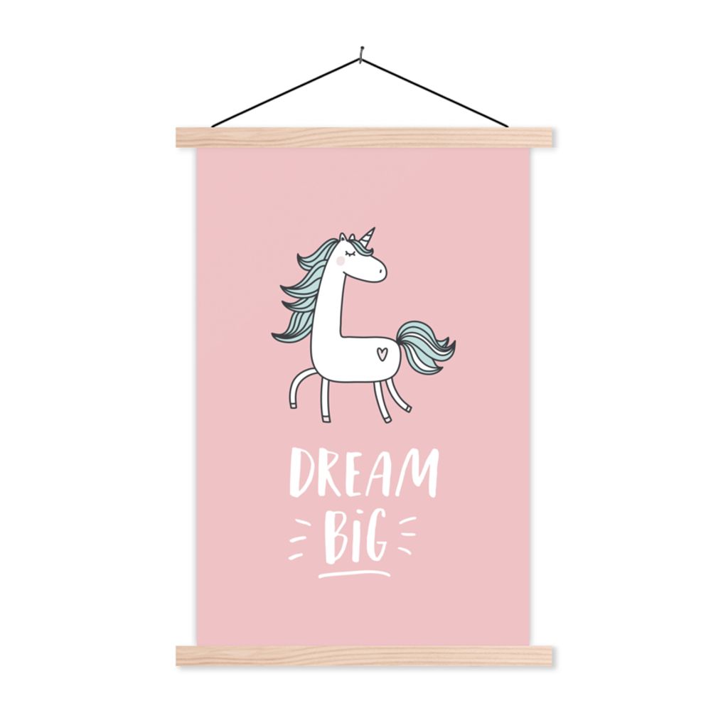 MuchoWow Textilposter Einhorn - Kinder - Zitate - Große Träume - Mädchen - Rosa 60x90 cm mit holzfarbenen Rahmen - Textil