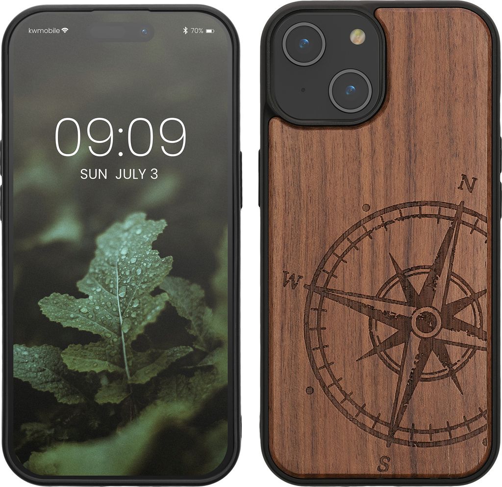 kwmobile Hülle kompatibel mit iPhone 15 Hülle - Holz Case - Handy Cover - TPU Handyhülle in Dunkelbraun Kompass Vintage