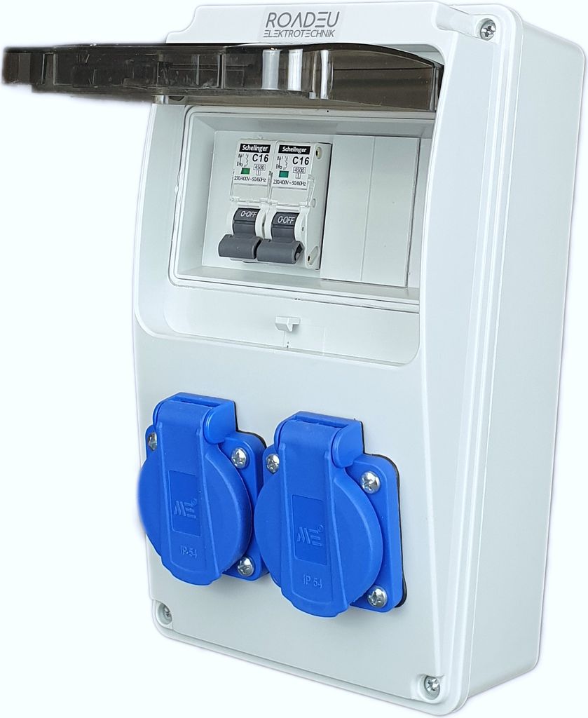 Stromverteiler 230V - 2x Schuko Steckdose mit Schalter - Steckdosenverteiler mit 2x Leistungsschalter C 16A - Verdrahtet, Baustromverteiler