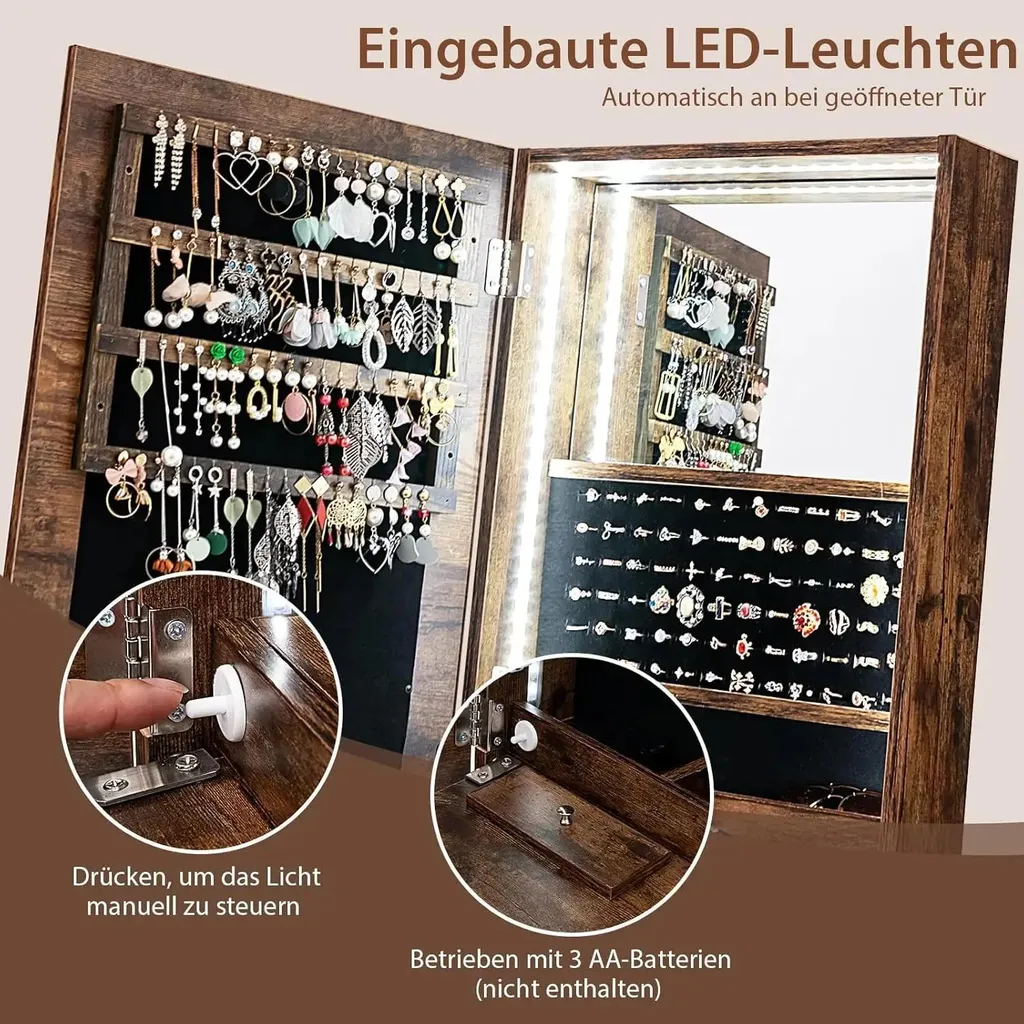 Armoire Bijoux Éclairée avec Tablette Rabattable et Multiples Tiroirs - 6