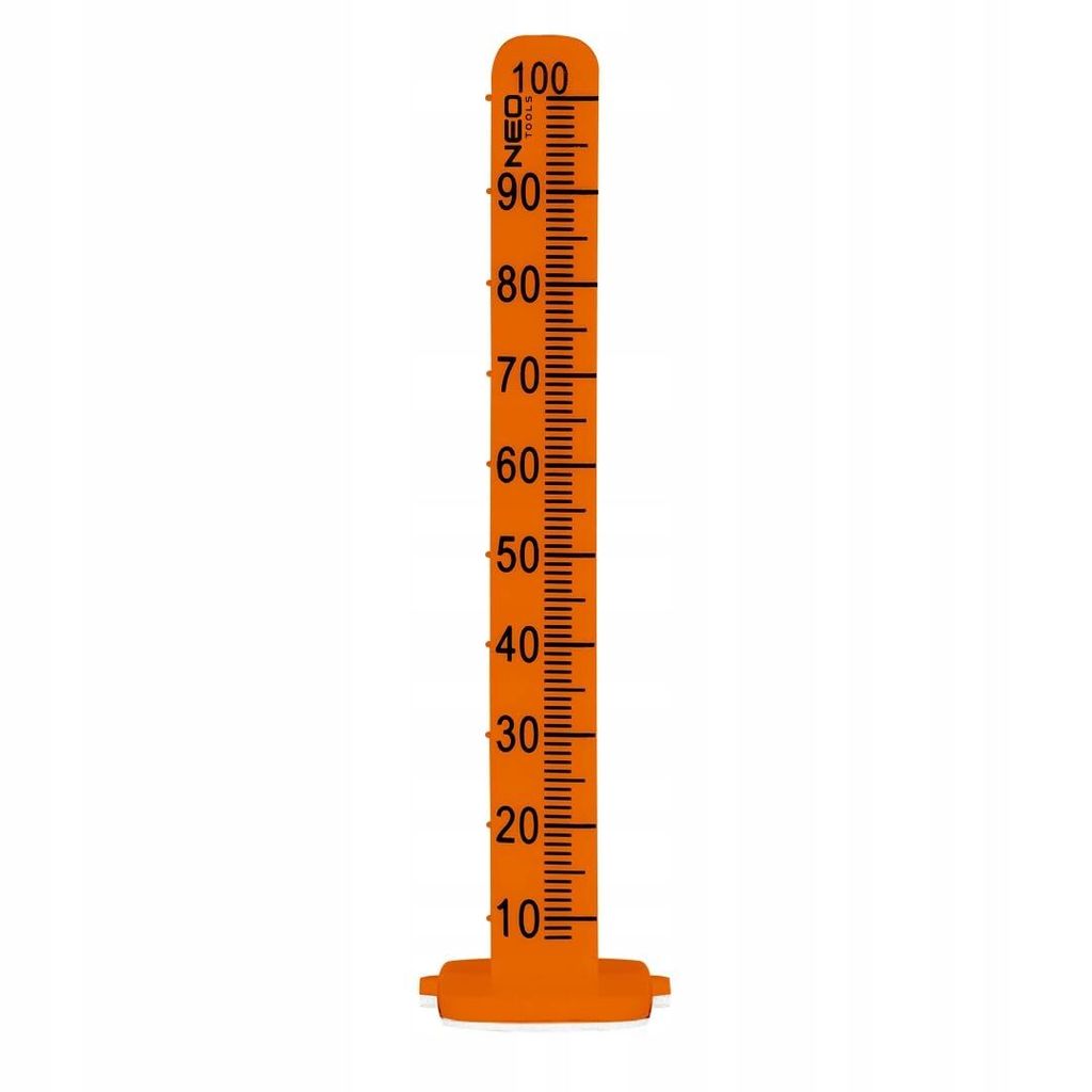 An orange ruler with markings from 10 to 100.