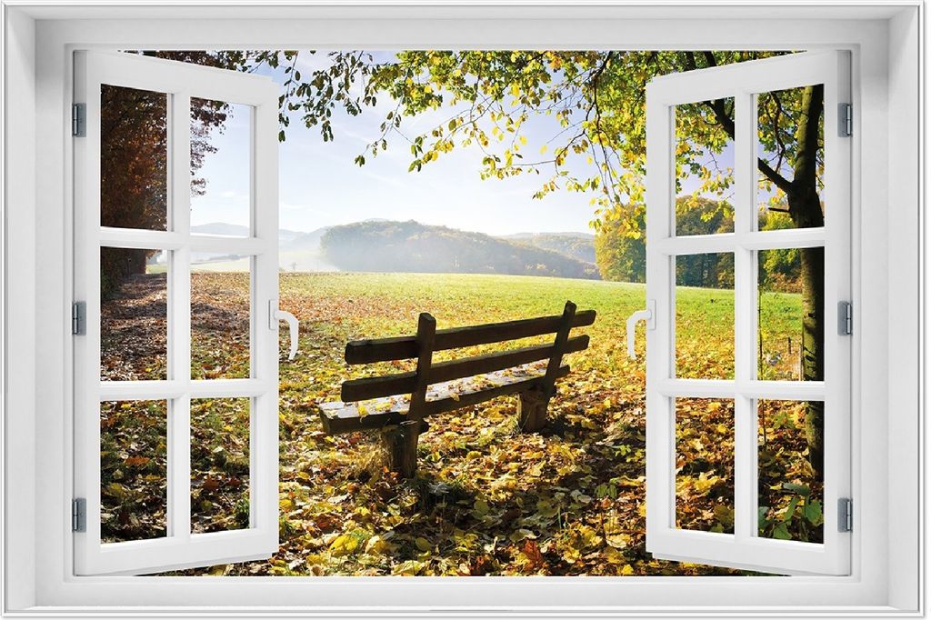 Wallario Wandbild mit Fenster-Illusion: Idyllische Holzbank in den Bergen, Größe: 61 x 91,5 cm, Poster mit weißem Aluminiumrahmen