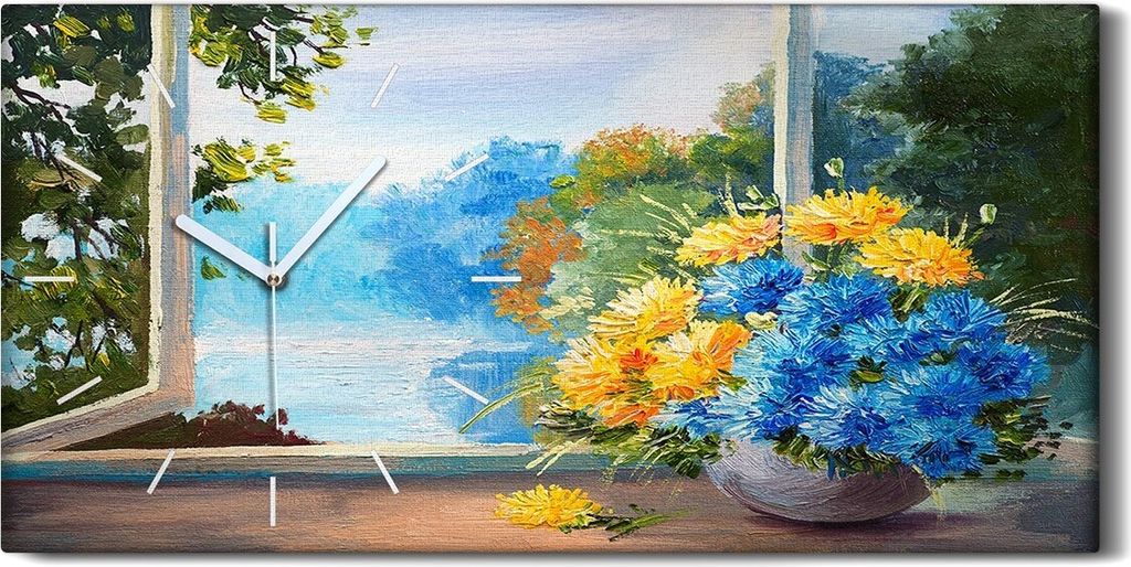 Dekor Leinwand Uhr Wandbilder Quarz 60x30 Strauß Frühlingsblumen auf dem Tisch - weiße Hände