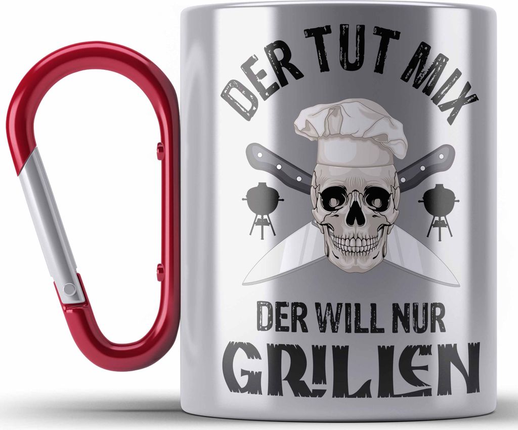 Trendation - Grill Edelstahl Tasse Karabiner Geschenk Männer Steak Liebhaber Grillen Geschenkidee Vater BBQ's (Rot)
