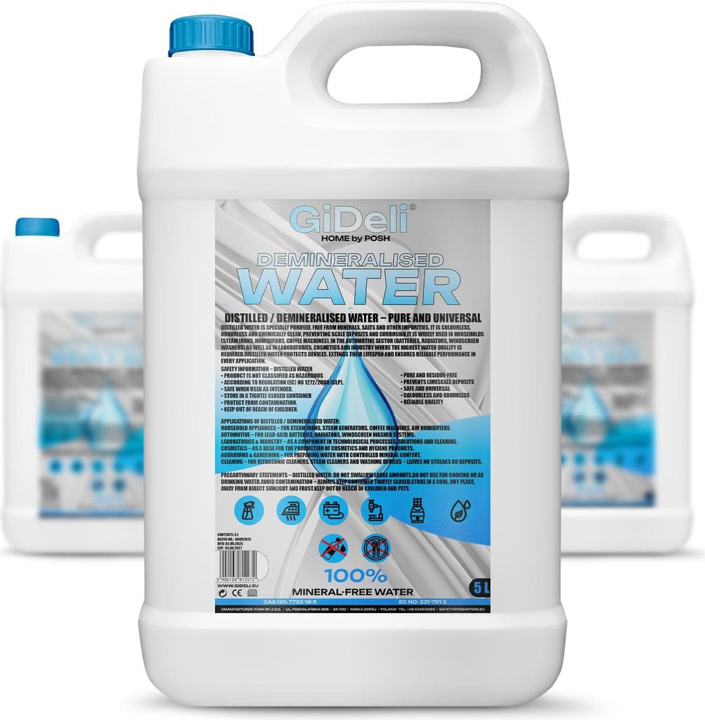 Demineralisiertes Destilliertes Wasser 15L Rein Bügeleisen KFZ Kalkfrei GiDeli