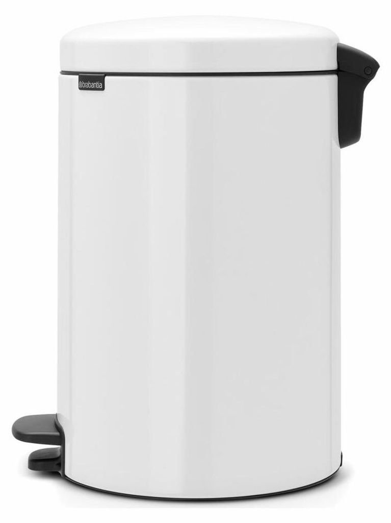 A white Brabantia pedal bin is shown against a white background.