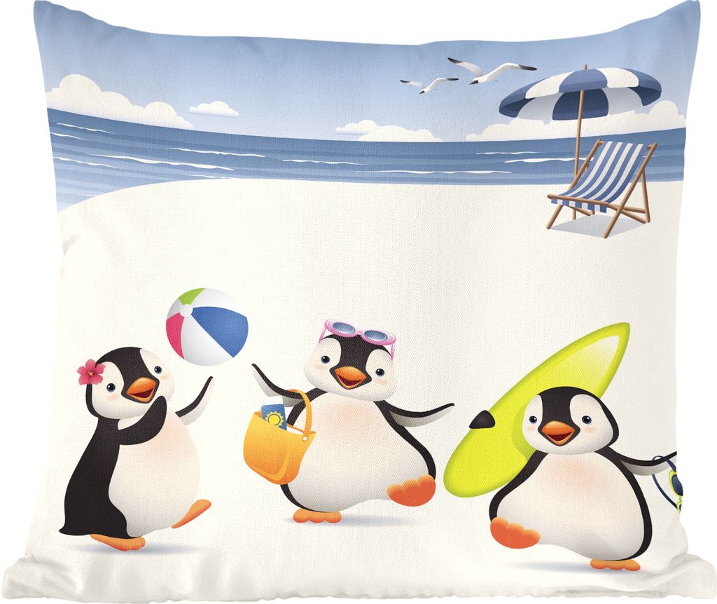 MuchoWow Zierkissen Sofakissen Wohnzimmer Dekokissen 50x50 cm Illustration von drei Pinguinen, die am Strand spielen - Komfort - Sofakissen