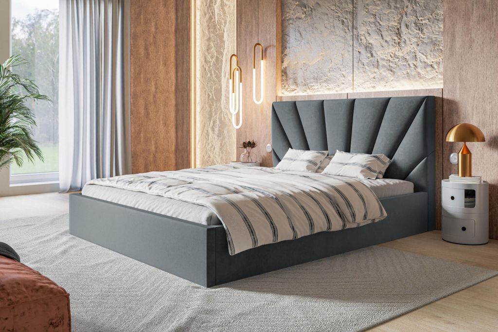 Bett Denver 90x200, Bettkasten und Holzrahmen, Kronos-Stoff , Dunkelgrau