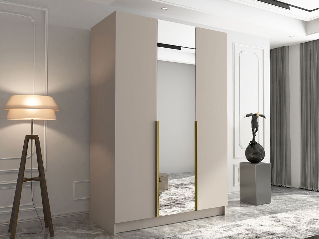 MIRJAN24 Kleiderschrank Calia II, Schlafzimmer, mit Spiegel, Drehtürenschrank, mit Kleiderstange, Modern, Garderobenschrank, Metallgriffe (Farbe: ...