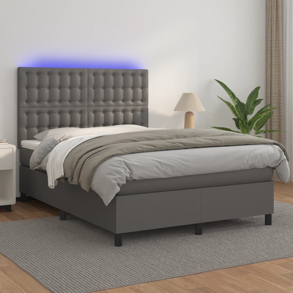 The Living Store Boxspringbett mit Matratze & LED Grau 140x190 cm Kunstleder