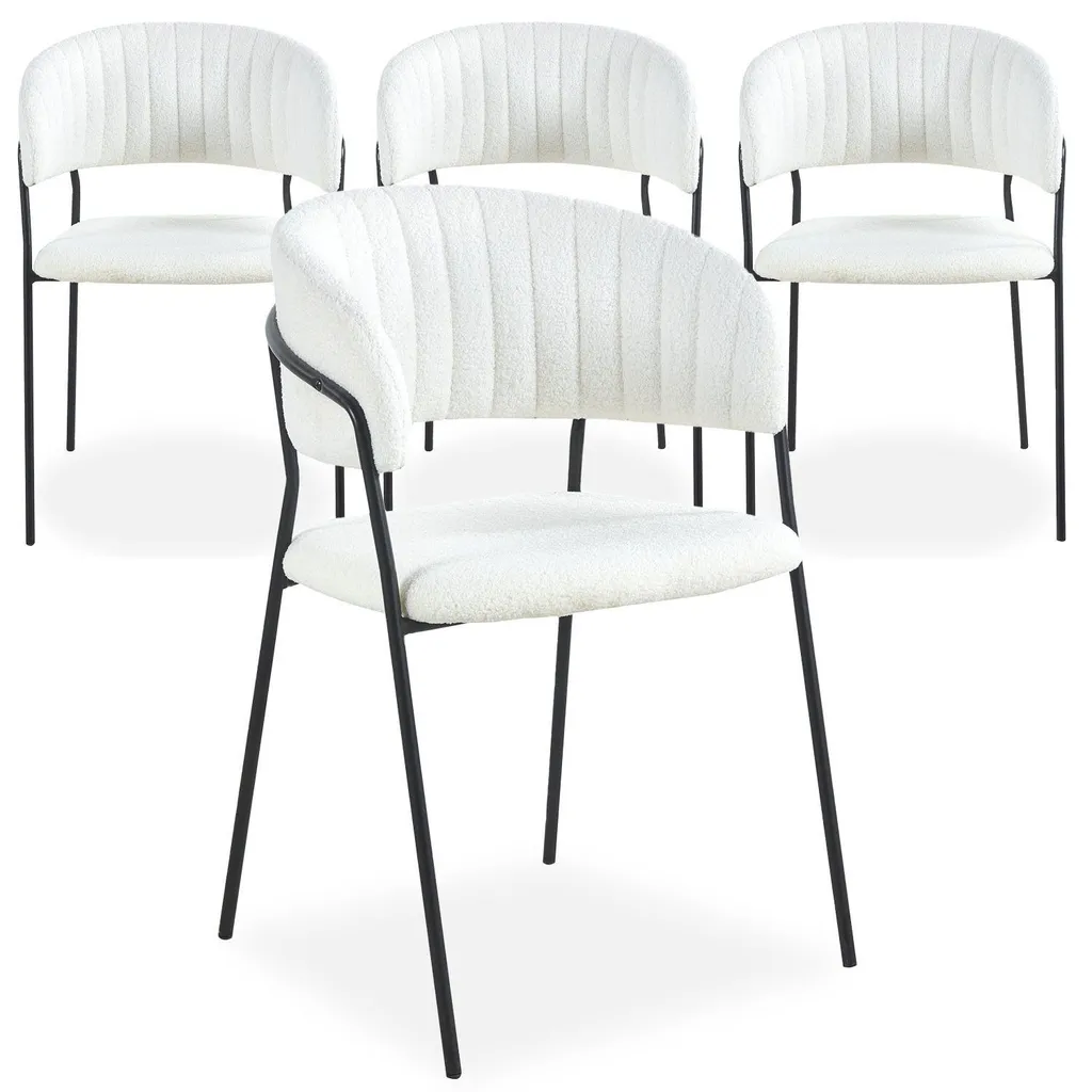 MENZZO Lot de 4 chaises Tabata en métal noir et tissu bouclette crème
