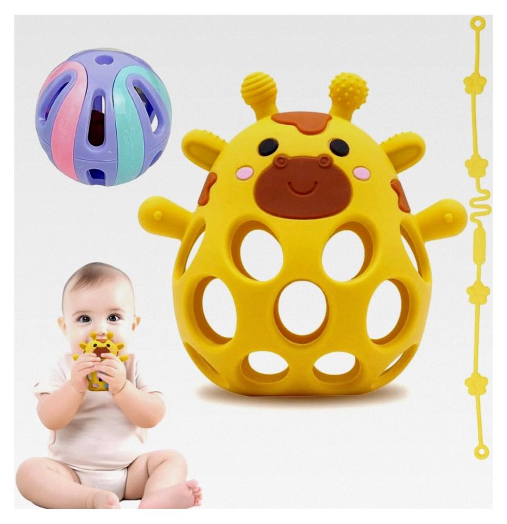 Beißring und Rassel für Babys - Sensorisches Spielzeug ab 0 Monaten, Zahnungshilfe und Greifball - Geschenk für Jungen und Mädchen in Giraffenform