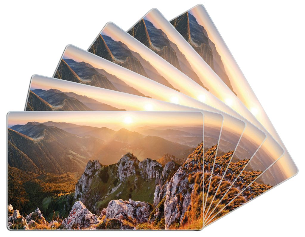 Wallario Frühstücksbrettchen 6er Set aus Glas, je 14 x 23 cm, mit rutschfesten Füßen, Motiv Berglandschaft mit Sonnenuntergang in der Slowakei