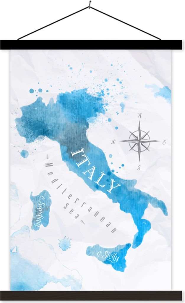 MuchoWow Textilposter Weltkarte - Blau - Italien 40x60 cm mit schwarzem Rahmen - Wanddekorationen