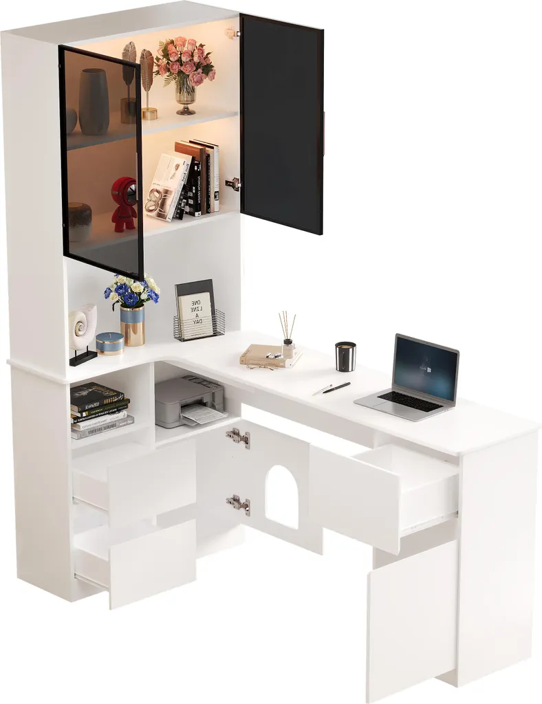 Bureau informatique d'angle blanc avec bibliothèque LED et tiroirs - 5